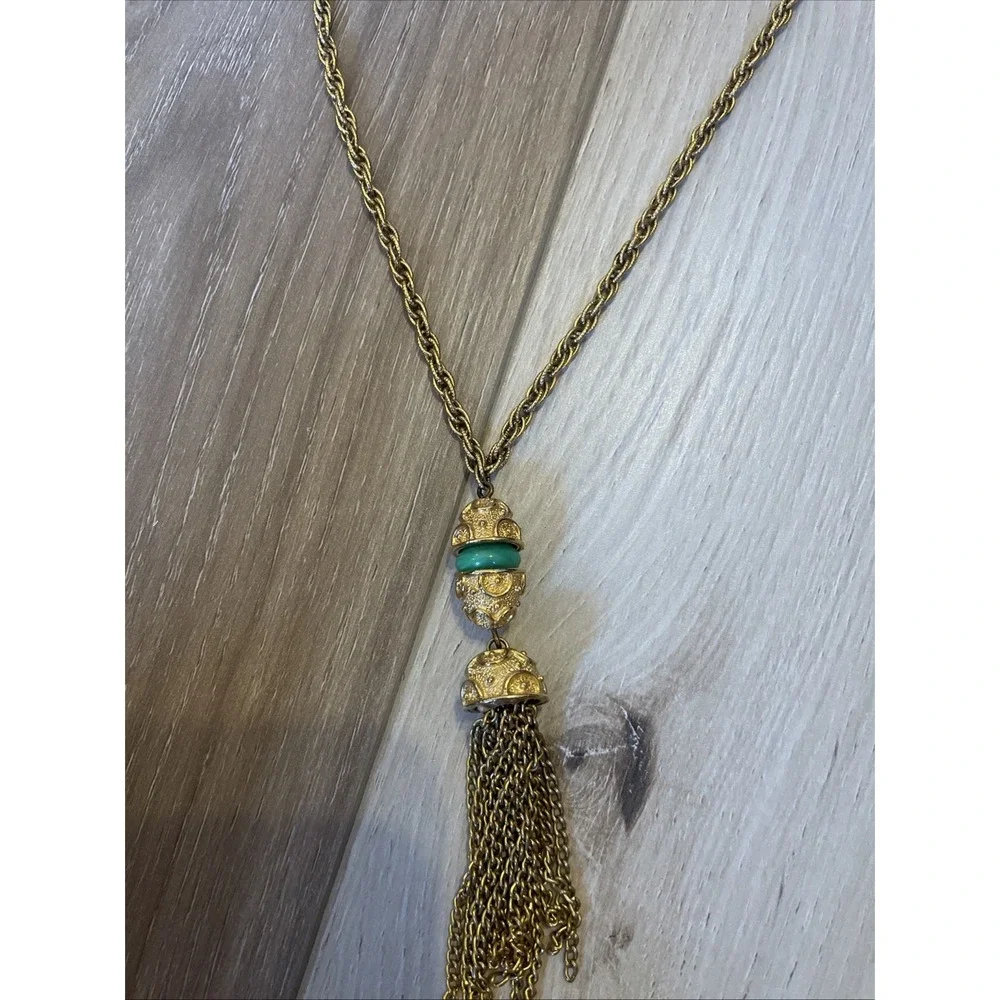 Vintage Tacoa‎ Gold Tone Necklace with Tassel Pendant 18 inch Green Enamel